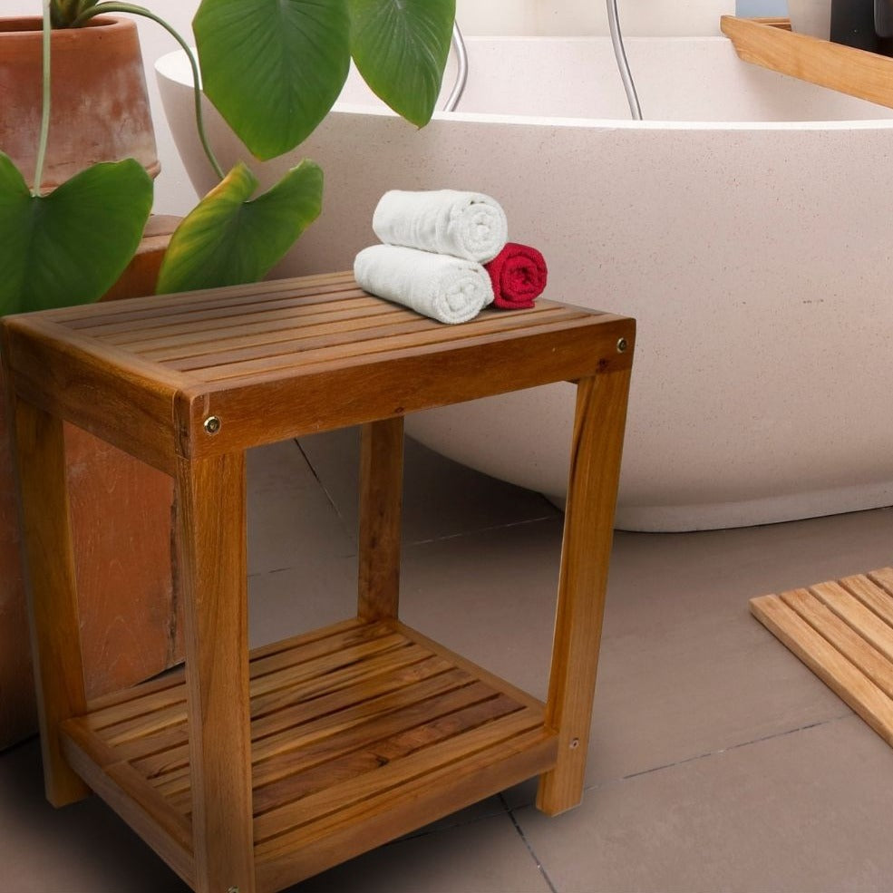 LifestyleImage_MainClaim_2_6973c487-5873-4a3f-9b3c-a0121eff3f82.jpg Bali Teak Shower and Bath Spa Bench with Shelf – 18″ - Image 1