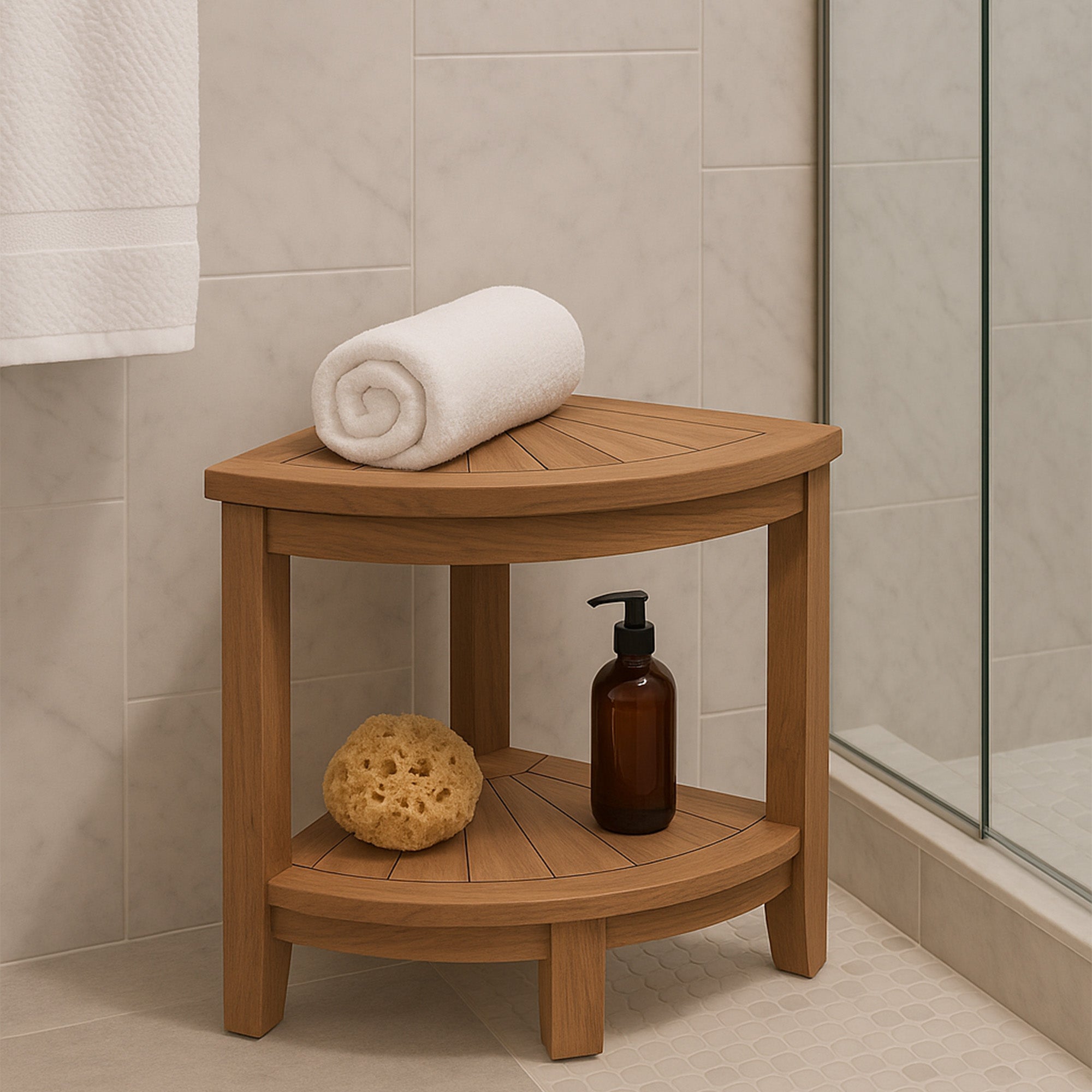 TS036_LIFESTYLE.jpg Stanley Natural Teak Shower and Bath Corner Stool with Shelf - 15.7" - Image 1