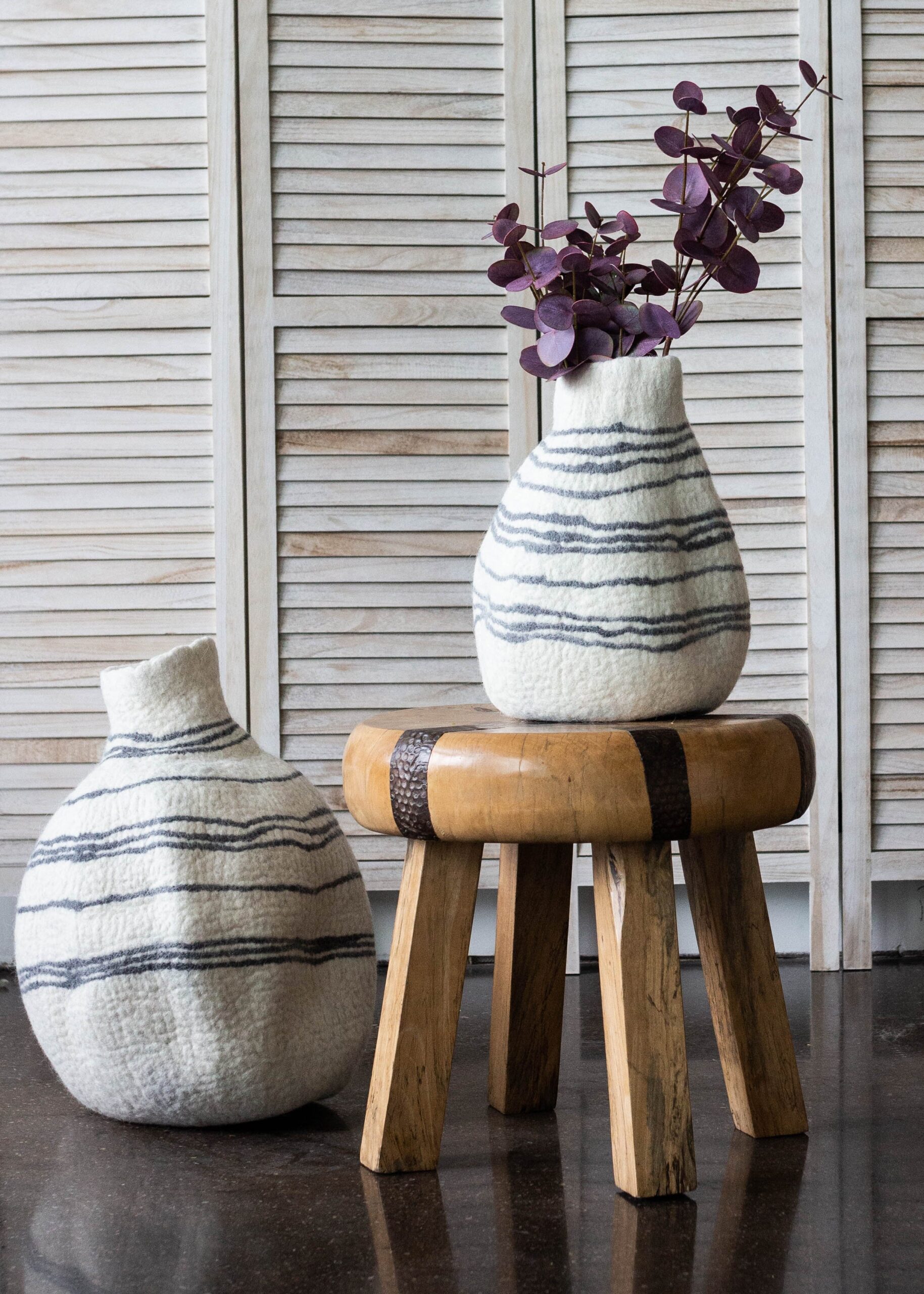 TribalLinesGourdinNaturalWhiteSizeVariation1-ChicFusion-kanju-ChloeScottNix.jpg Tribal Lines Hand-Felted Wool Natural White Gourd Basket - Image 1
